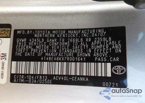 2007 Toyota Camry Le из США, поврежденный, VIN 4T4BE46KX7R001641